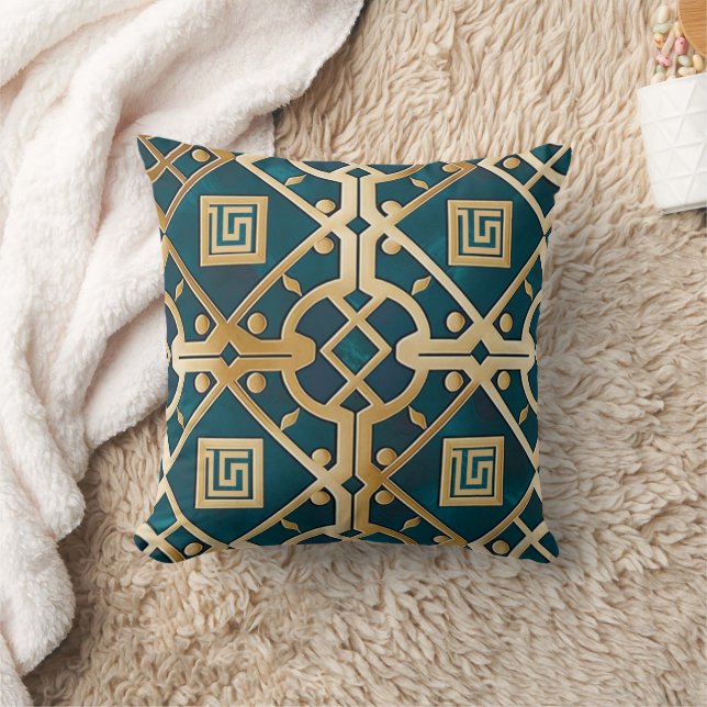Luxury Marble Art Deco Greek Key Sea Green Gold Throw Pillow (Blanket)