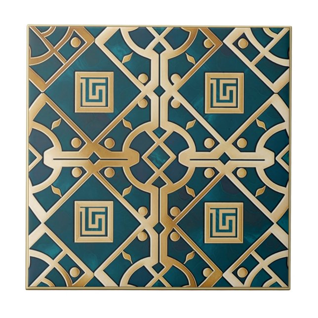 Luxury Marble Art Deco Greek Key Sea Green Gold Tile (Front)
