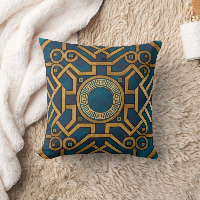 Luxury Marble art Deco Royal Blue Gold Greek Key Throw Pillow (Blanket)