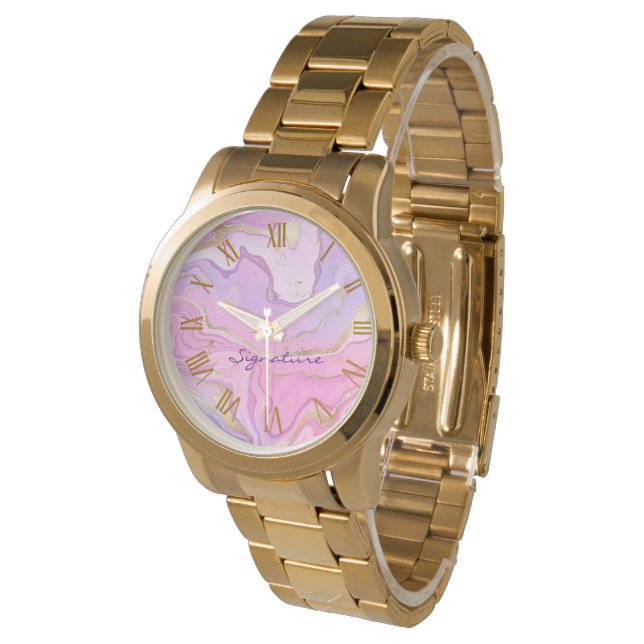 Luxury Marble Glitter Pink Purple Gold Watch (Angled)