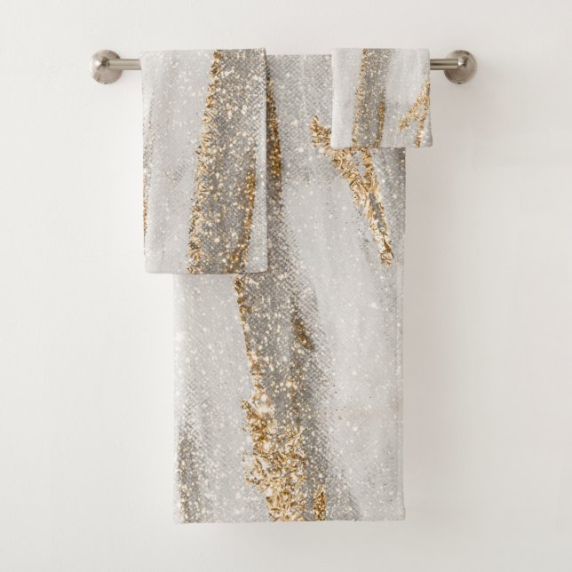 Luxury Marble Gold Strokes white and grey    Bath Towel Set (Insitu)