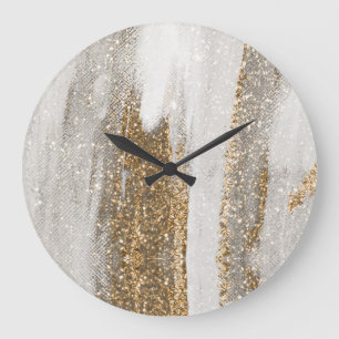 Luxury Marble Gold Strokes white and grey Large Clock