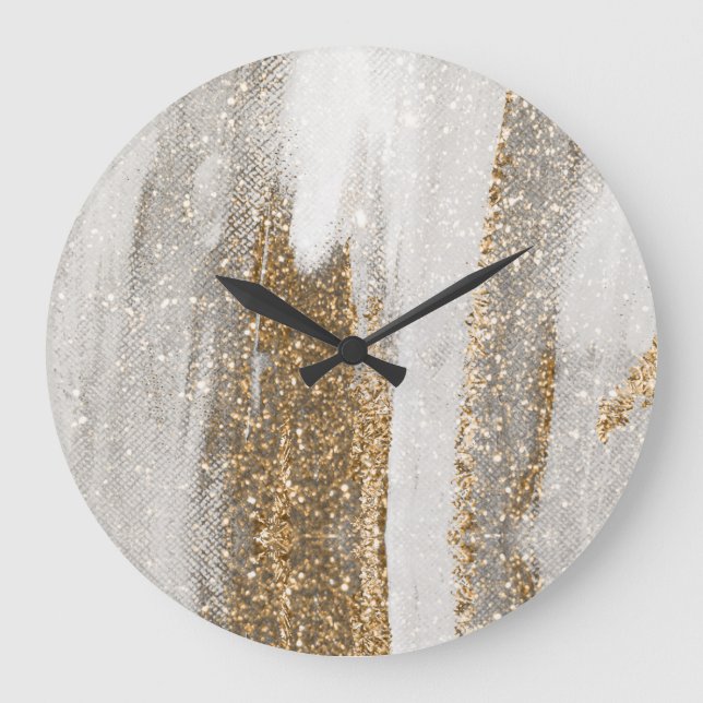 Luxury Marble Gold Strokes white and grey   Large Clock (Front)