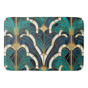 Luxury Marble Mosaic Art Deco Blue Gold & Teal Bath Mat
