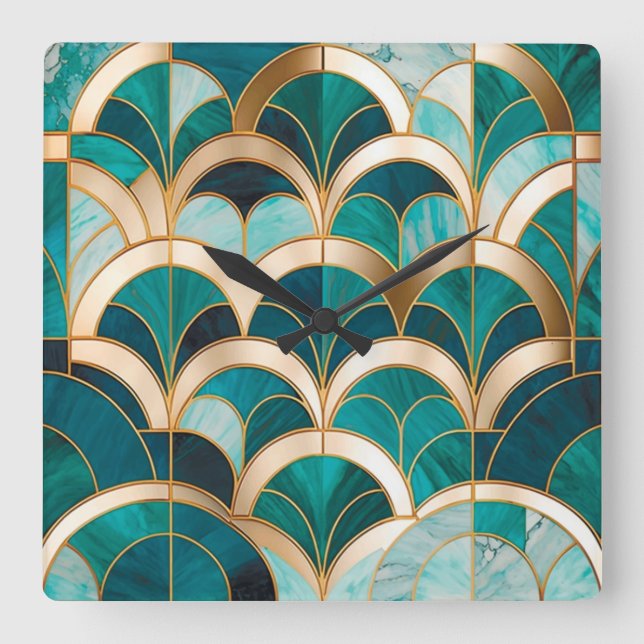 Luxury Marble Mosaic Art Deco Turquoise Blue Gold Square Wall Clock (Front)