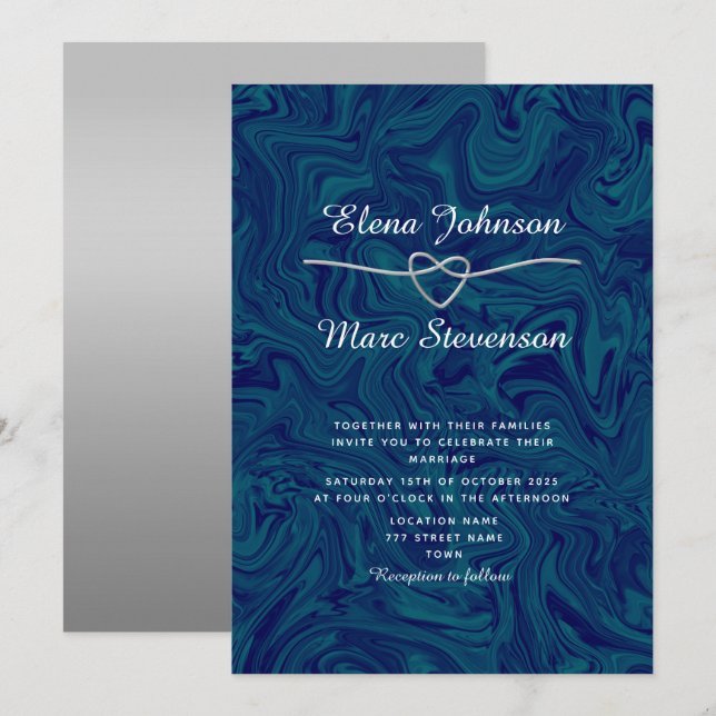 Luxury Marbled Silver Blue Wedding Invitation (Front/Back)