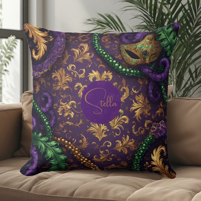 Luxury Mardi Gras Carnival Gold Fleur-de-Lis Bead  Throw Pillow (Luxury Mardi Gras Carnival Gold Fleur-de-Lis Bead Throw Pillow)