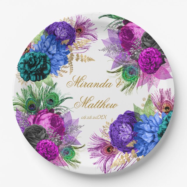 Luxury Mardi Gras Peacock Gold Peony Wedding  Pape Paper Plate (Front)