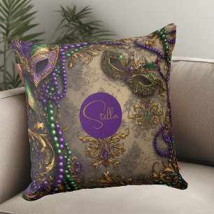 Luxury Mardi Gras Purple Gold Mask Beads Floral  Throw Pillow