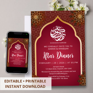 Luxury Maroon Gold Floral Mandala Iftar Invitation