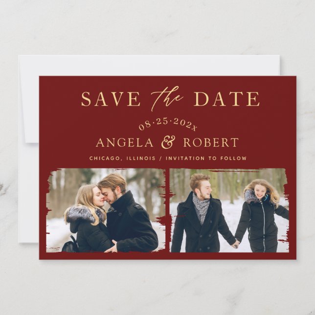 Luxury Maroon Red Gold | Brush Stroke 2 Photo Save The Date (Front)