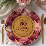 Luxury Marsala Blush Gold Floral 50th Birthday  Paper Plate<br><div class="desc">✅ For matching items search 26-50 in my collections ✅ Make your milestone celebration unforgettable with our 50th Birthday Paper Plates collection, featuring watercolor florals in rich burgundy, marsala, maroon, deep red, and soft blush shades, accented with shimmering gold leaves. Perfect for women’s milestone birthdays, these plates combine boho-inspired elegance...</div>