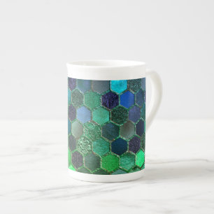 Luxury Metal Foil Glitter Blue Green honeycomb Bone China Mug
