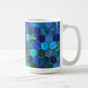 Luxury Metal Foil Glitter Blue Green honeycomb Coffee Mug