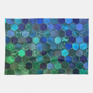 Luxury Metal Foil Glitter Blue Green honeycomb Kitchen Towel