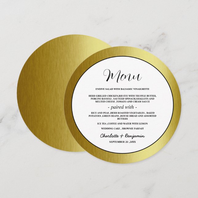 Luxury Metallic Gold Round Wedding Menu (Front/Back)
