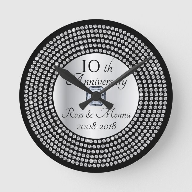 Luxury Metallic Silver Black Diamond Anniversary Round Clock (Front)