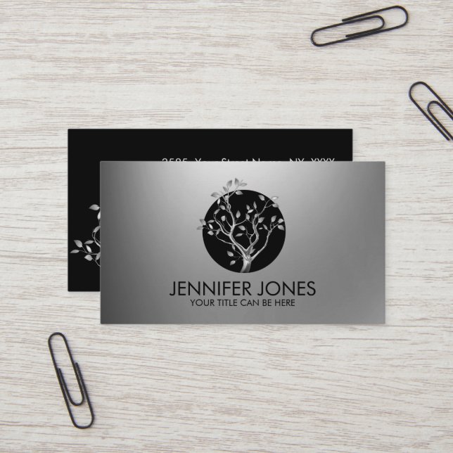 Luxury Metallic Silver Tree Symbol Business Card (Front/Back In Situ)