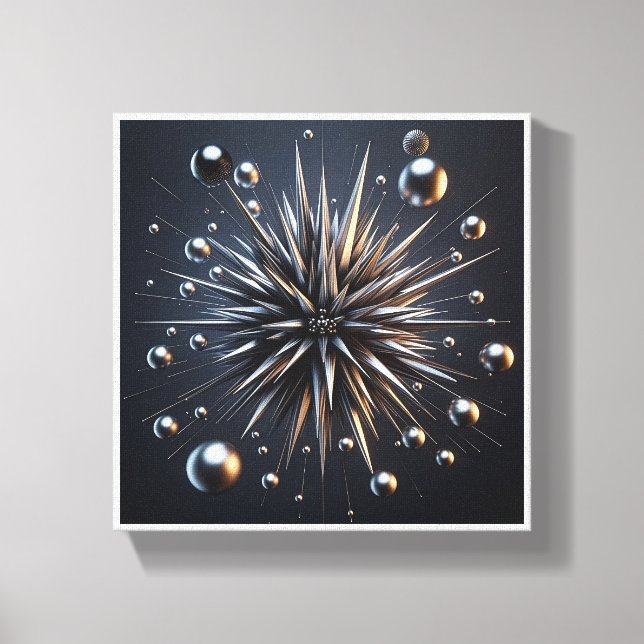 Luxury Metallic Starburst - 3D Abstract Silver Spi Canvas Print (Front)