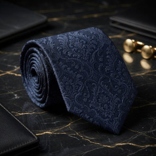 Luxury Midnight Navy Silk Jacquard Baroque Damask Tie