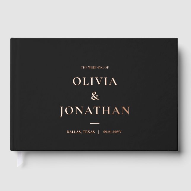 Luxury Minimal Black Foil Rosegold Wedding Guest Book (Front)