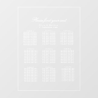 Luxury Minimalist Clear Seating Chart White text Window Cling