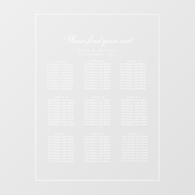 Luxury Minimalist Clear Seating Chart White text Window Cling (Sheet)