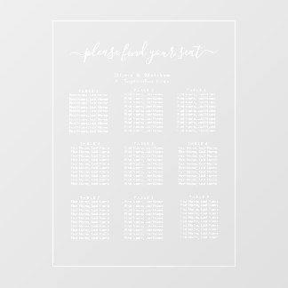 Luxury Minimalist Clear Seating Chart White Text Window Cling