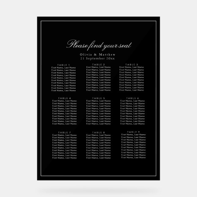 Luxury Minimalist dark Black Wedding Seating Chart (Front)