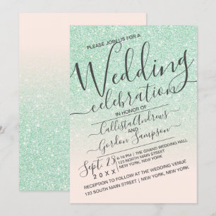 Luxury Mint Pink Sparkly Glitter Ombre Wedding Invitation