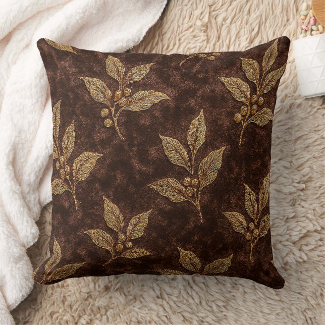 Luxury Mocha Velvet Coffee Branch Throw Pillow (Blanket)