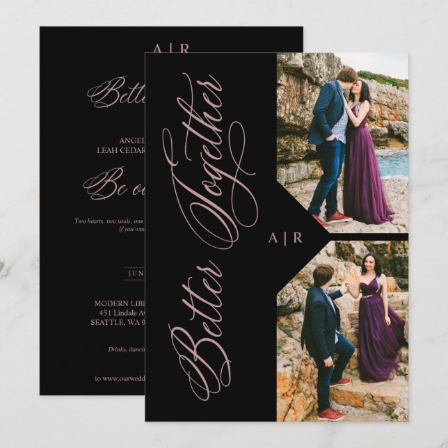 Luxury Modern 2 Photos Collage Rose Gold Whimsical Invitation (Front/Back)