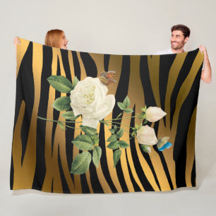 Luxury Modern Black Gold Rose Tigar Fleece Blanket