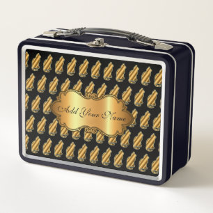 Luxury Modern Gold Cat Add Your Text Metal Lunch Box