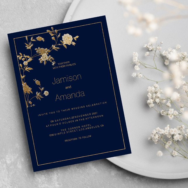 Luxury modern gold floral navy blue Wedding Invitation (Luxury modern gold floral navy blue Wedding )