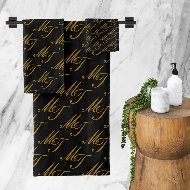 Luxury Modern Monogram Pattern Black Gold Bath Towel Set (Luxury Modern Monogram Pattern Black Gold Bath Towel Set)