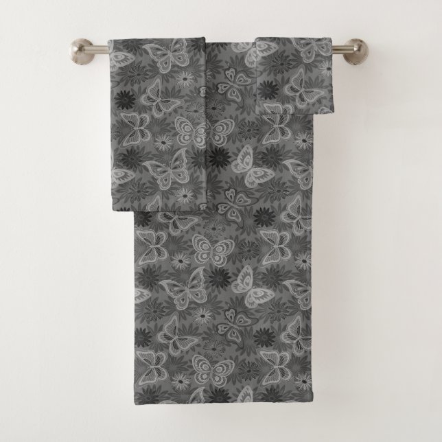 Luxury Modern Silver Natural Floral Butterfly Bath Towel Set (Insitu)
