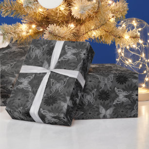 Luxury Modern Silver Natural Floral Butterfly Wrapping Paper
