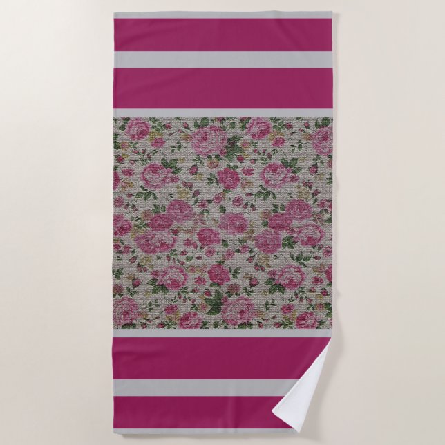 Luxury Modern Vintage Floral Rose Beach Towel (Front)