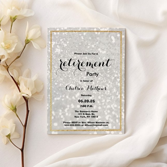 Luxury modern white gold glitter Retirement Party Invitation (Luxury modern white gold glitter Retirement Party)