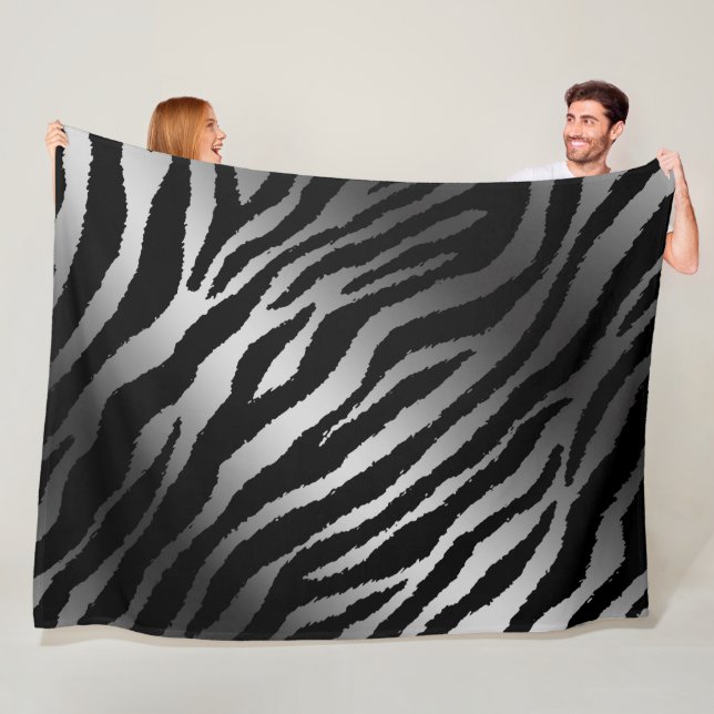 Luxury Modern Zebra Silver Black Line Fleece Blanket (In Situ)