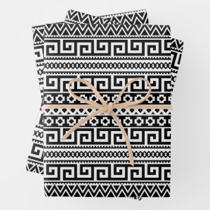 Luxury Monochrome Ancient Greek Aztec Maze Linear  Wrapping Paper Sheet