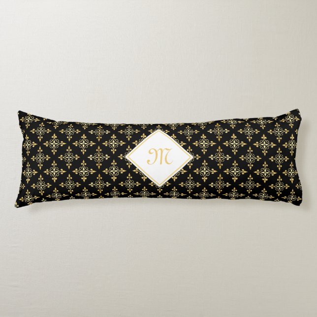 Luxury Monogram Black and Gold Quatre Floral Body Pillow (Front)