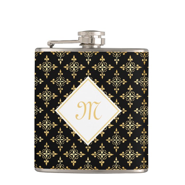 Luxury Monogram Black and Gold Quatre Floral Hip Flask (Front)