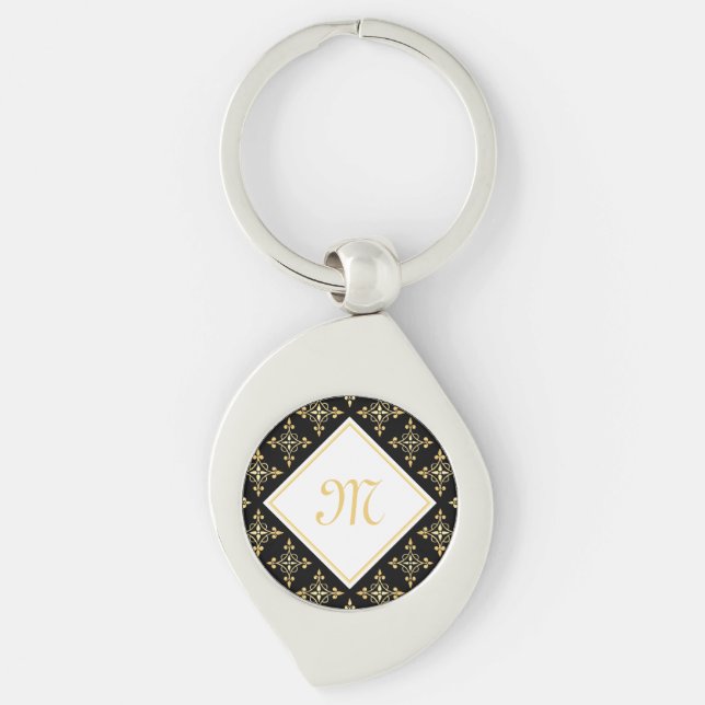 Luxury Monogram Black and Gold Quatre Floral Keychain (Front)