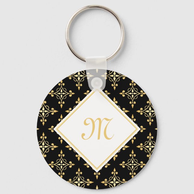 Luxury Monogram Black and Gold Quatre Floral Keychain (Front)