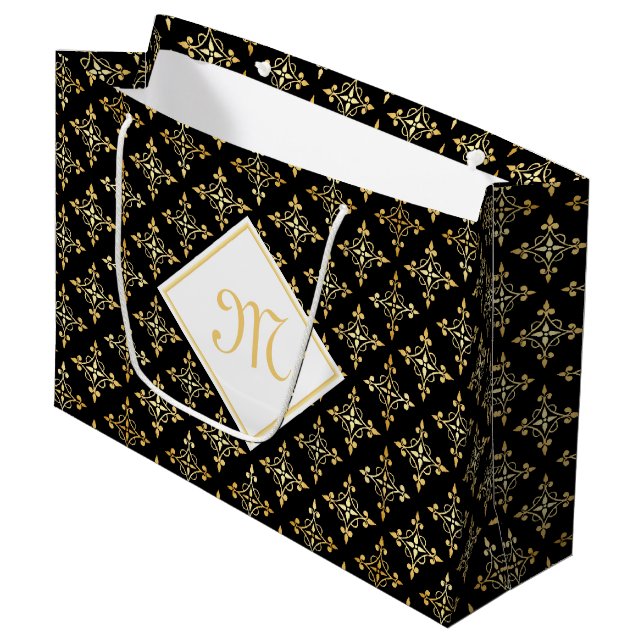 Luxury Monogram Black and Gold Quatre Floral Large Gift Bag (Front Angled)