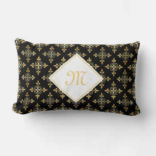 Luxury Monogram Black and Gold Quatre Floral Lumbar Pillow