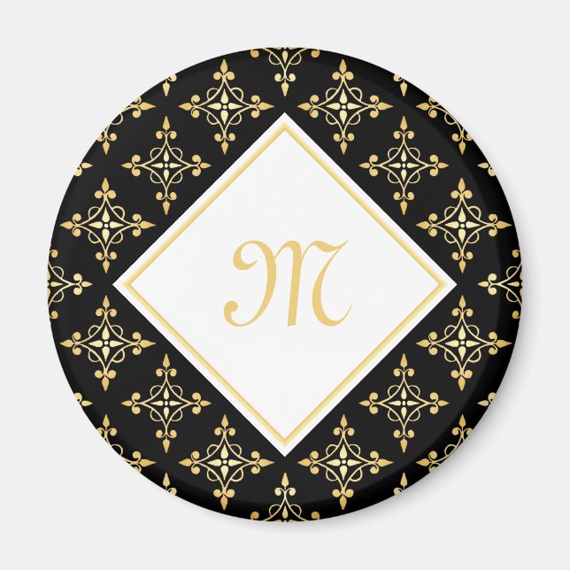 Luxury Monogram Black and Gold Quatre Floral Magnet (Front)