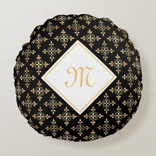 Luxury Monogram Black and Gold Quatre Floral Round Pillow (Front)